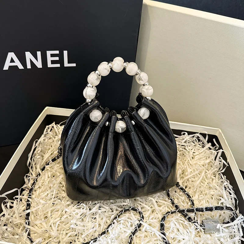 New Folded Pearl Handbag Women's Fashion Cloud Shape Single Shoulder Chain Crossbody Bag Ladies Stylish Small Purse