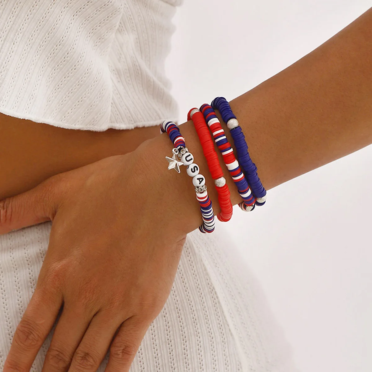 B2790 American Independence Day Jewelry Set, Personalized USA Letter Pentagram Diamond CCB Beaded Bracelet