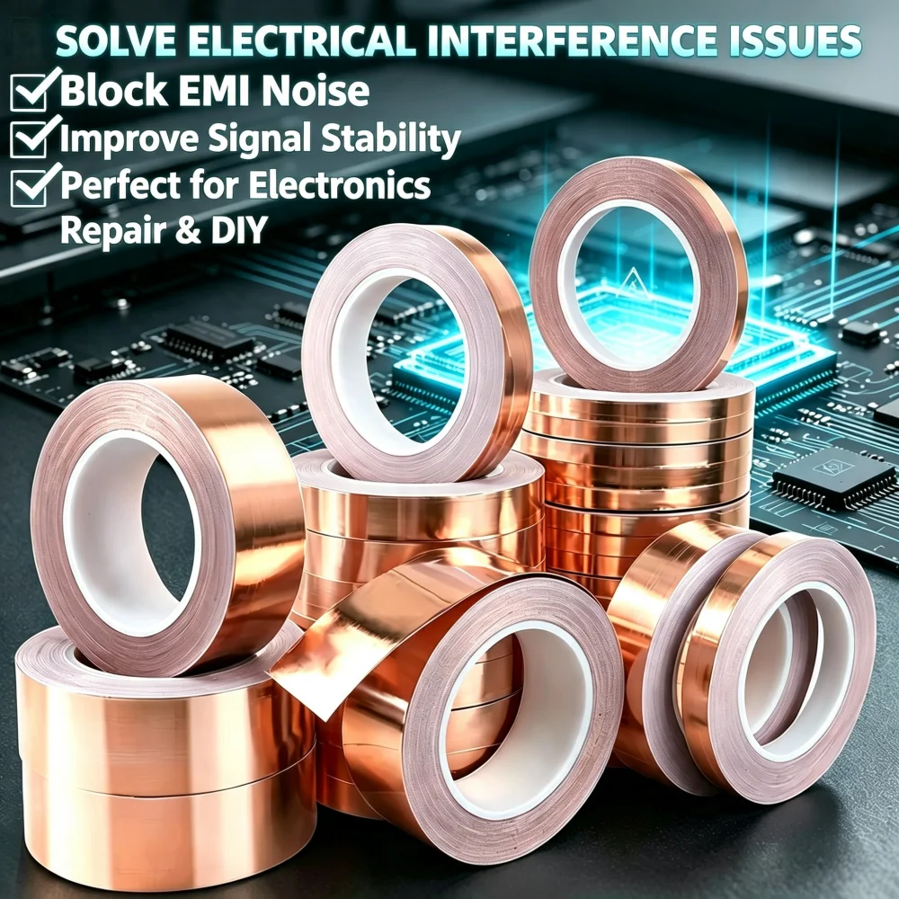 20m Single Side Conductive Copper Foil Tape Adhesive Strip Heat Shield Eliminate EMI Anti-static Repair Tape 0.05mm Thickness
