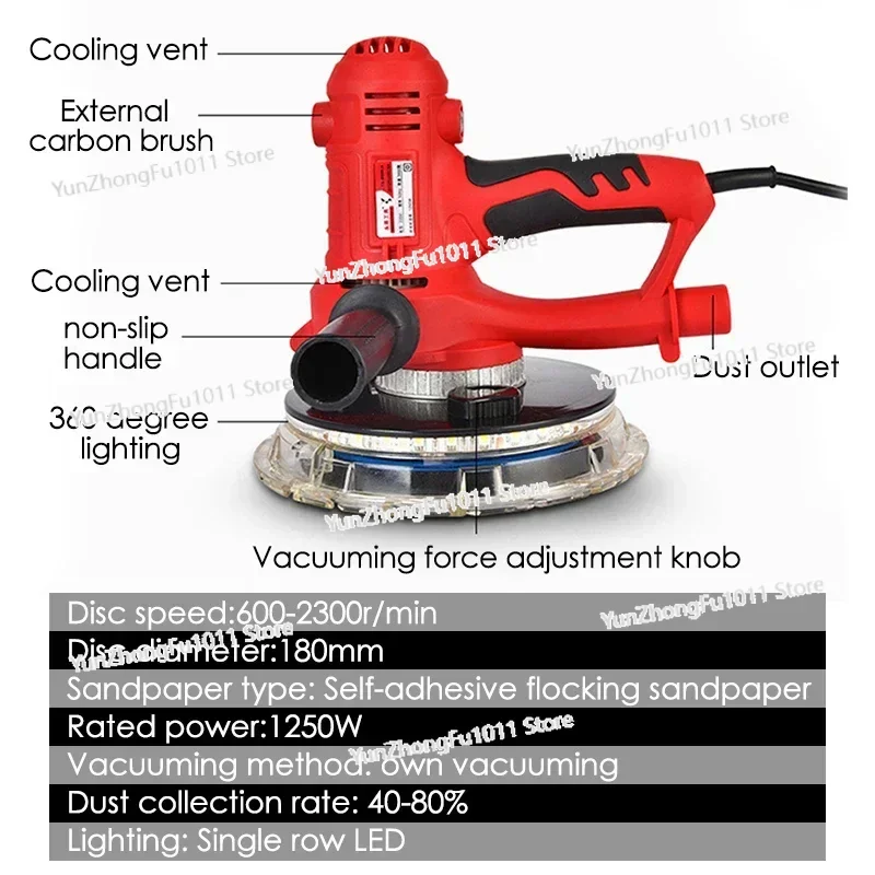 Wall Grinding Polishing Machine with LED Lighting Strips 1250W 220V Self-priming Dust-free Electric Sander Kit
