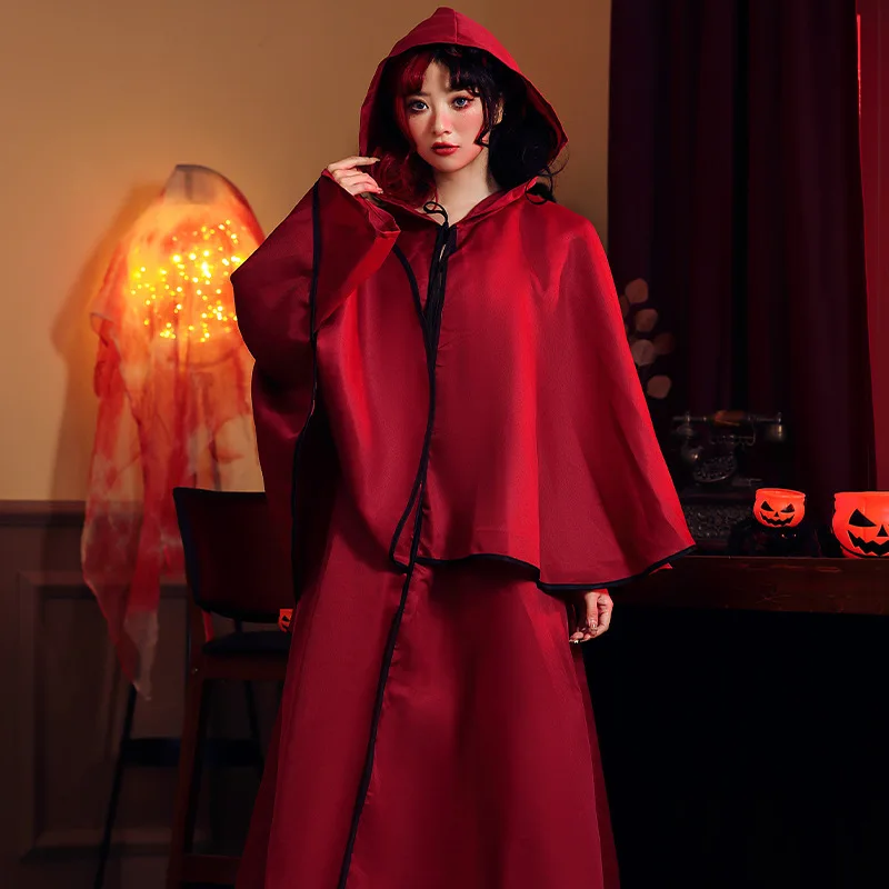 Cosplay Practitioner's Magic Robe Women Halloween Burgundy Cape Court Assassin Costume Wizard Costume Fake Two Piece Set