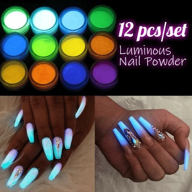 

12 Pcs Candy Colors Luminous Glitter Nail charm Glow In The Dark Phosphor Nail Glitter Sand Powder Pigment Fluorescent Effect *