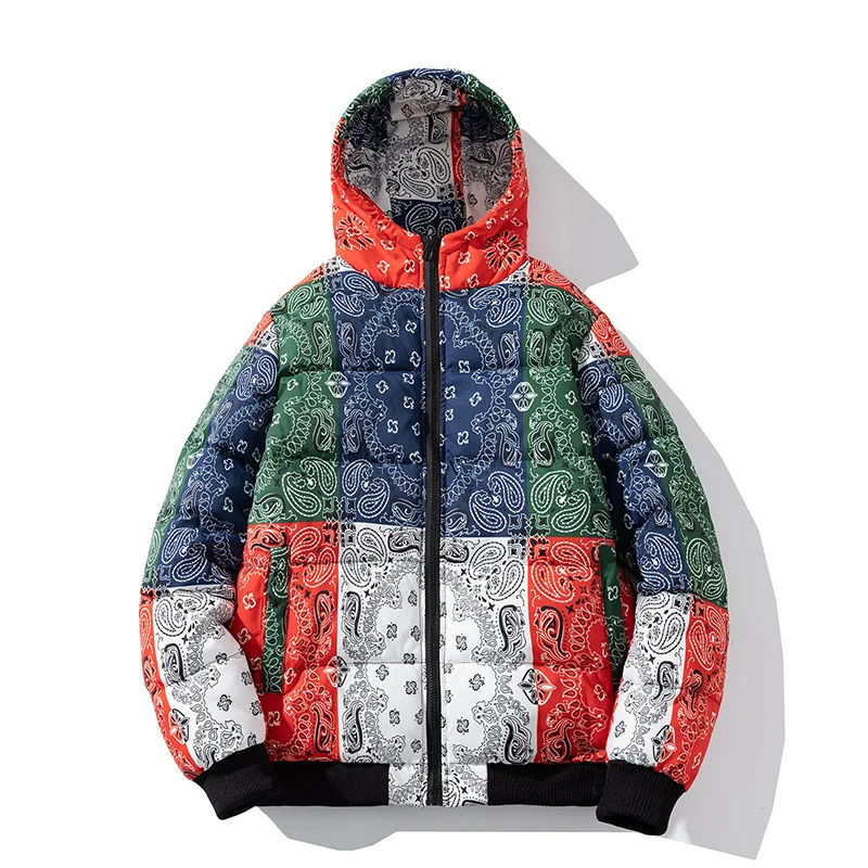 Streetwear Warm Parkas Men cashew flower Print Patchwork Winter Jacket men Harajuku Hip Hop Men Loose Thick Hooded Parka Jacket