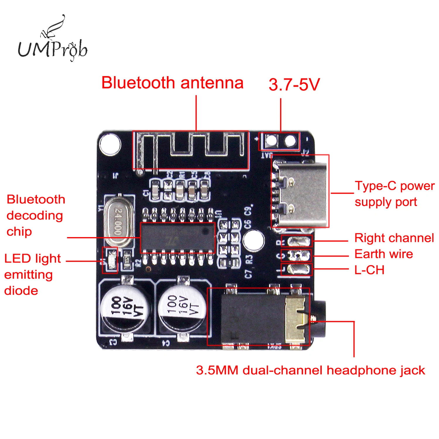 3.7-5V Mini Bluetooth Stereo Audio Receiver Board Module With Mic for arduino MP3 Player Bluetooth Lossless Decoder Board Type-C