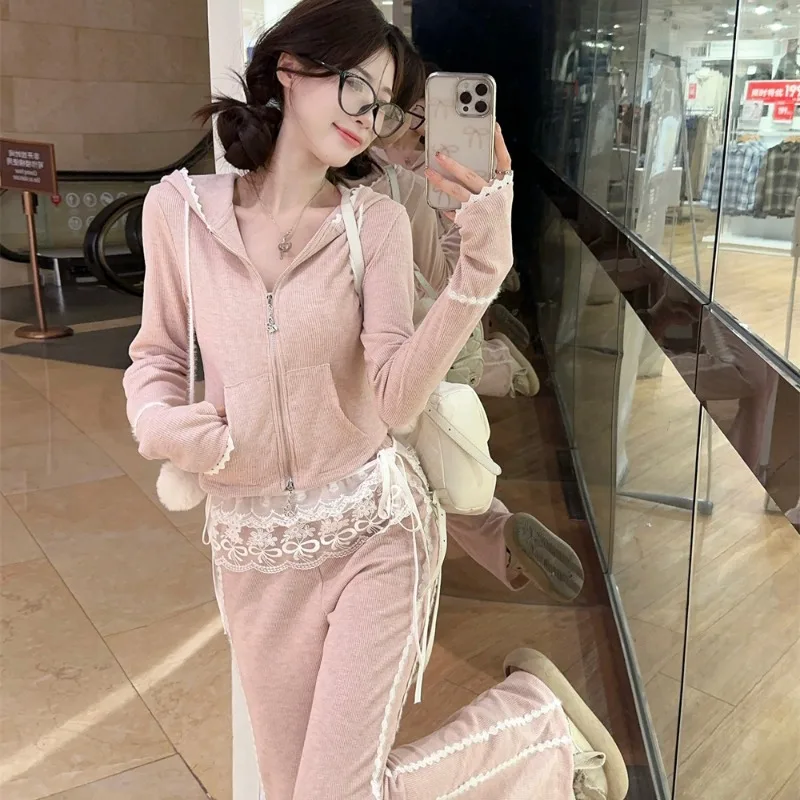 

Autumn New Sweet Design Women's Two-piece Set Korean Pink Slim-fit Long Sleeve Hoodies High Waist Lace Splicing Flared Pants