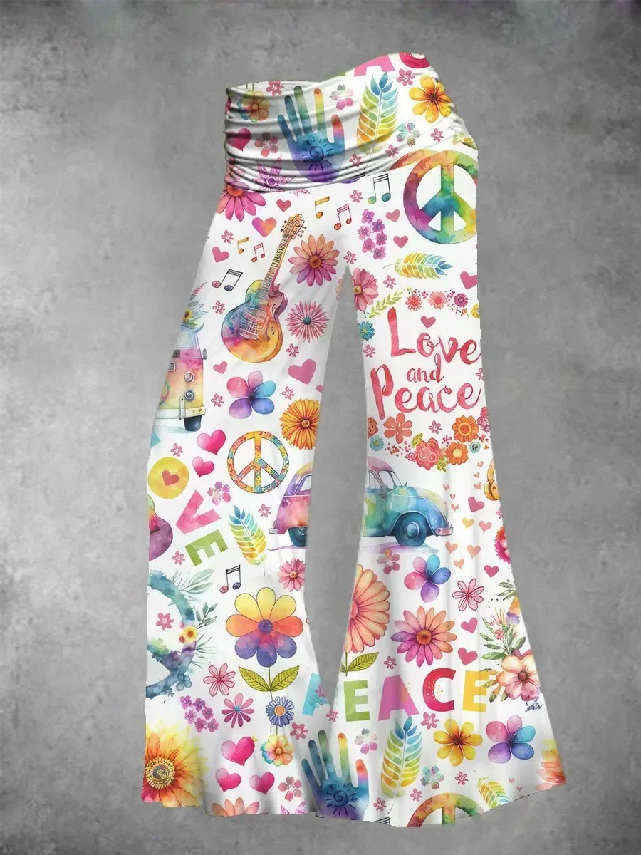 

Women's Peace And Love Floral Print Wide Leg Pants 3D Printed Women's Casual Pants