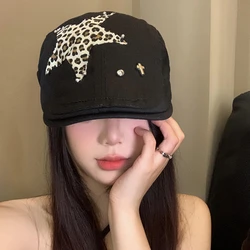 Y2k Personality Leopard Print Star Sticker Forward Hats for Women and Men Summer Outing Versatile Niche American Retro Berets