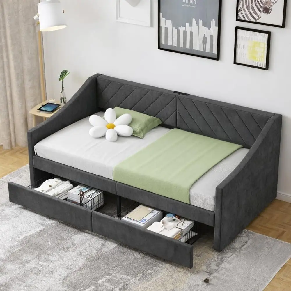 Twin Daybed with Storage Drawers and Leather Sofa Bed, Wood Slat Support, No Box Spring Needed (K Grey)