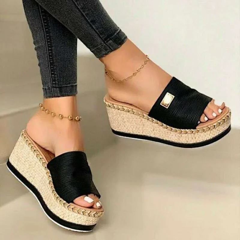 Summer - Ready Black Wedge Sandals | Raffia - Woven, Metal - Accented & Comfy Design