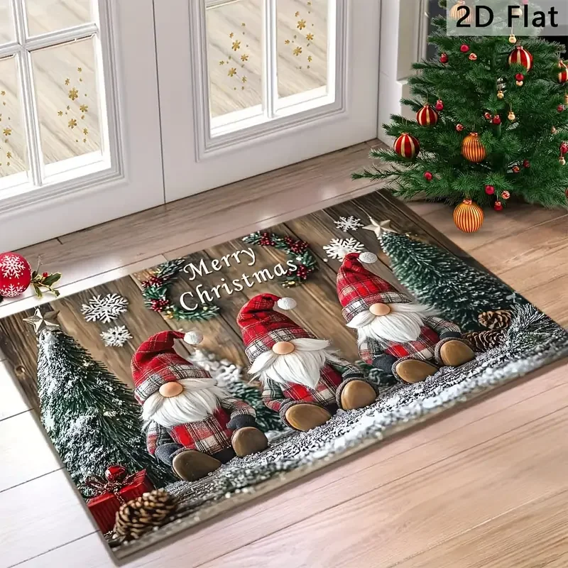 VIKAMA Christmas Crystal Velvet Door Mat Three Gnomes Plaid Hat Xmas Tree Print Non Slip Mat For Front Door Porch Entry Decor
