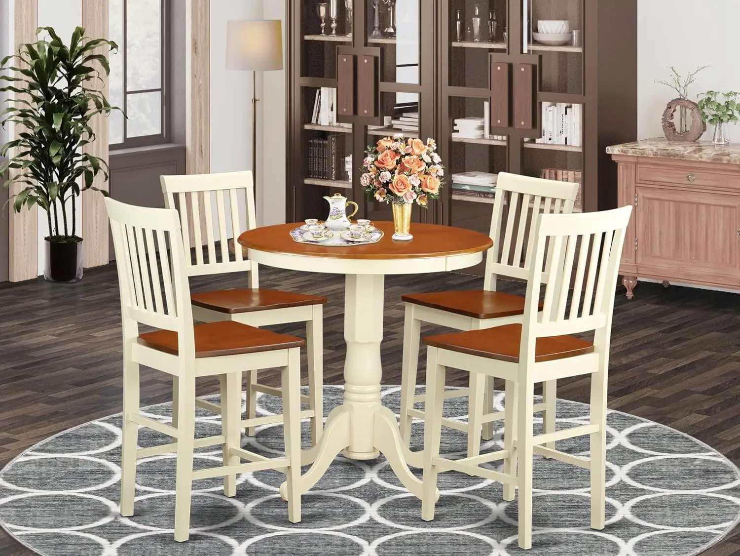 5 Piece Kitchen Counter Height Dining Table Set Includes a Round Wooden Table with Pedestal and 4, Customized