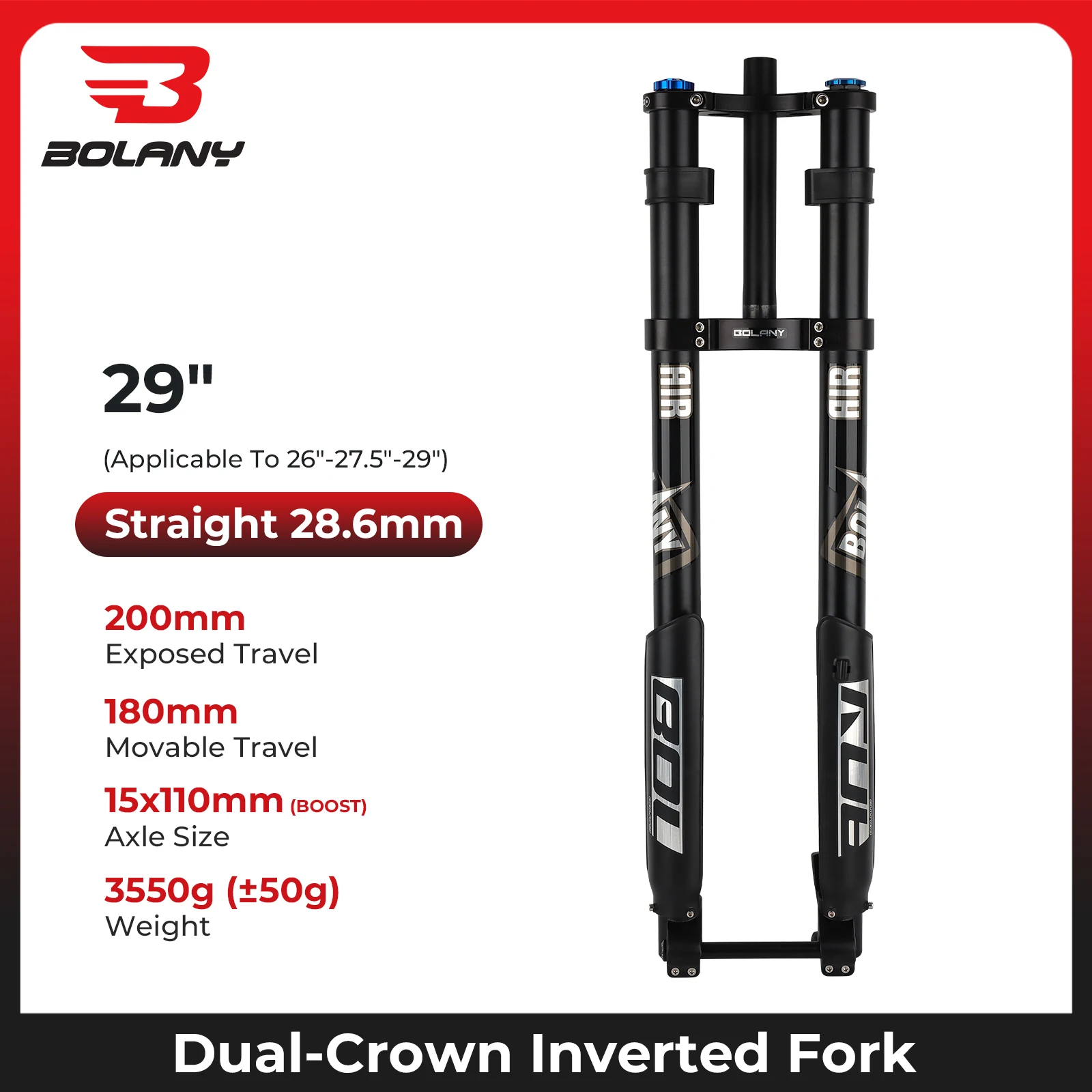 BOLANY Dubbele Schouder Omgekeerde Fiets Vork MTB Vork voor Downhill 29 inch Boost Vork Steekas Reizen 140mm Verstelbare demping