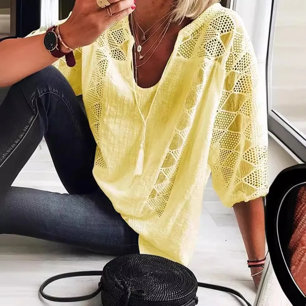 Summer Women Blouse Loose Fit Lace Cotton 3/4 Sleeve U Neck Blouses Women's Solid Color Pullover Top Women's Summer Tunic