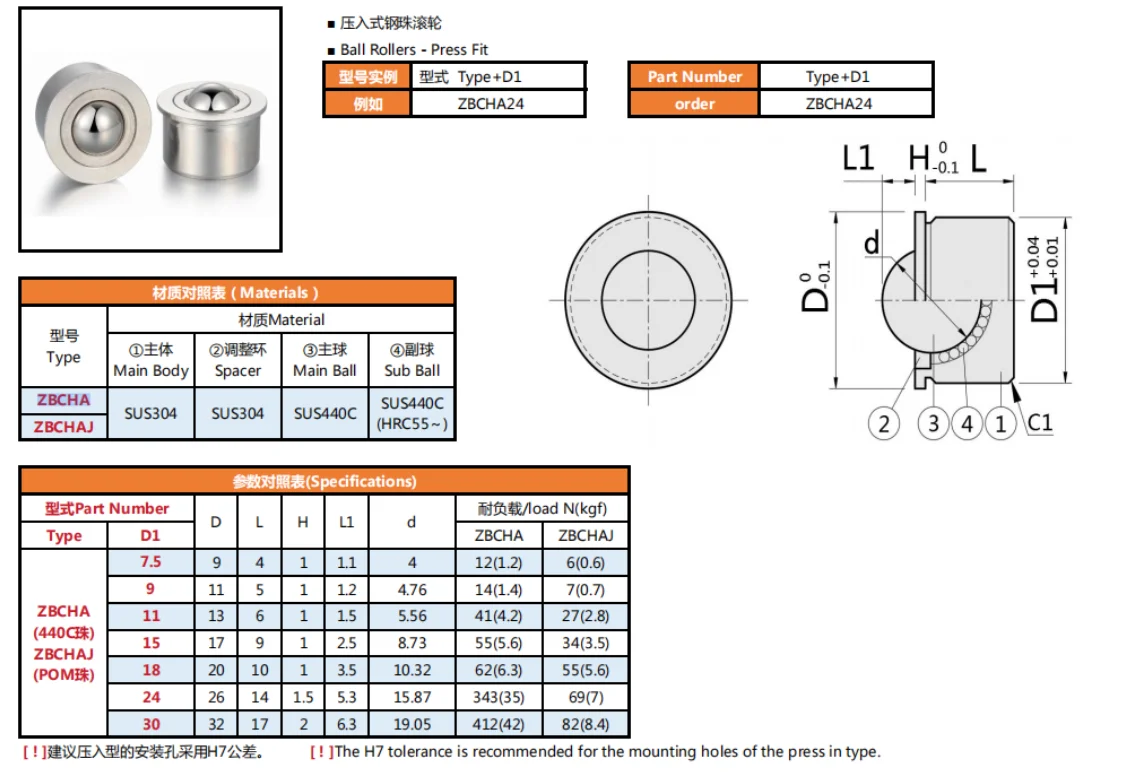 ZBCHA High Precision Stainless Steel Press Fit Ball Roller Wear Resistant Ball Plunger for Mold Automation Machinery