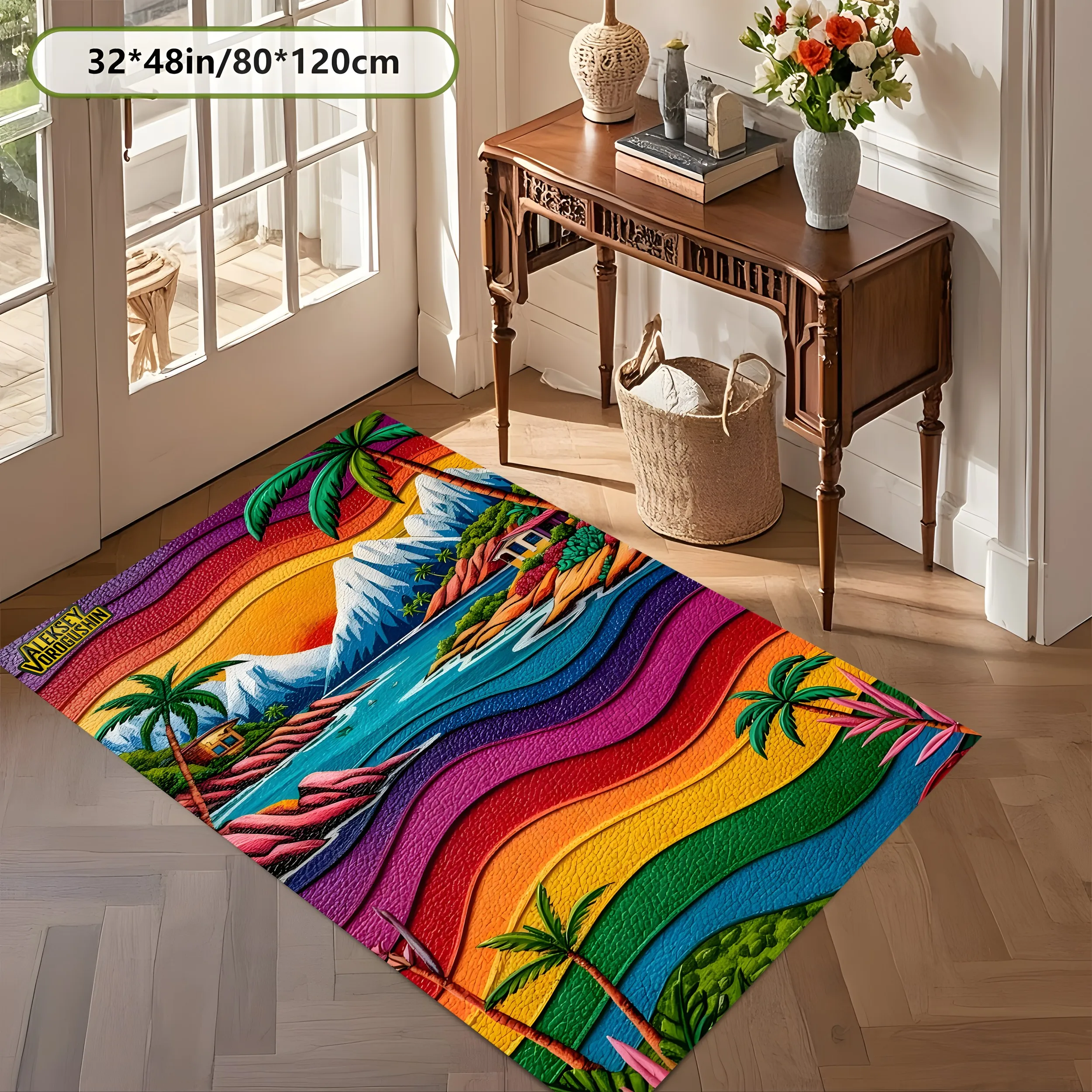 Large Area Rug Vibrant Wave Palm Coast Print Soft Velvet Living Room Bedroom Home Decor Area Rug