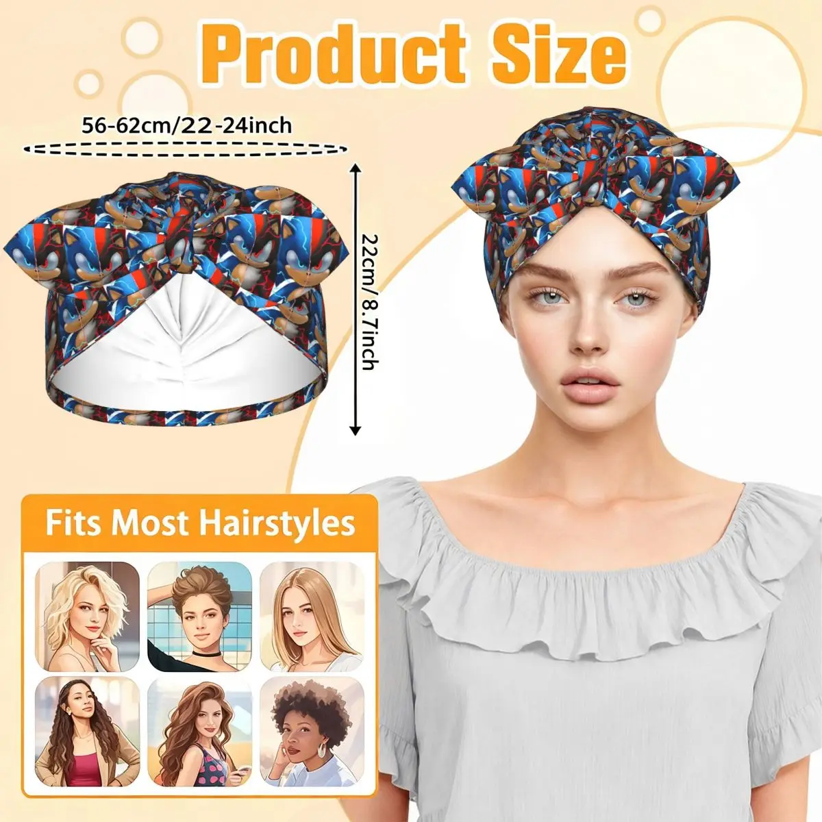 Sonic Shadow Sleep Bonnet Double Layer with Adjustable Bow, Reversible Hair Cap for Curly Braids Hair