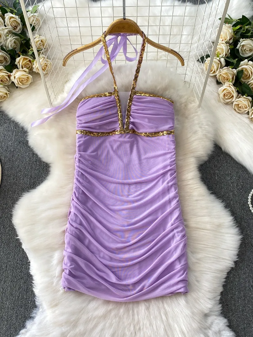 Foamlina New Summer Women Sequins Patchwork Mini Bodycon Dress Sexy Halter Neck Sleeveless Backless Slim Ruched Mesh Party Dress