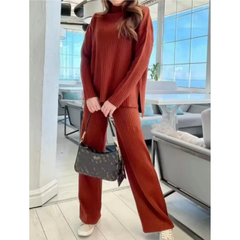REALEFT Autumn Winter 2 Pieces Women's Outfit Sets 2025 Knitted Tracksuit Half Turtleneck Sweater & Wide Leg Jogging Pants Suits