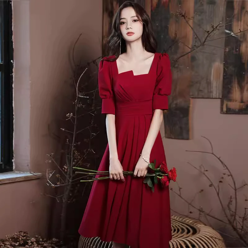 

Toast dress bride 2024 autumn and winter new wine red French high-end evening dress wedding engagement dress