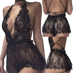 Sexy Teddy Underwear Baby Doll Dress For Women Black Lace Transparent deep v Open Crotch Porn Costumes Bodysuit Erotic Lingerie