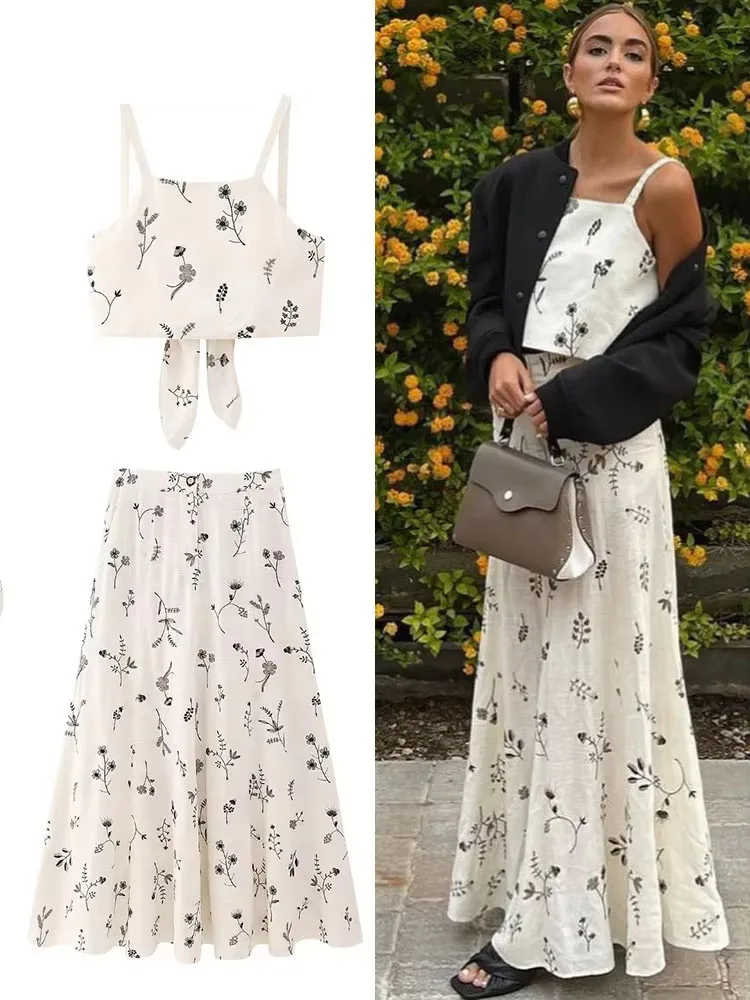 Women Fashion Summer Skirt Suits Printed Sleeveless Backless Crop Vest+Drawstring A-Line Skirt Two Pieces For Women