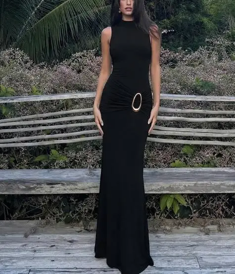 

Women's Dress Summer New French Elegant Fashion Temperament Sexy Style Pleated Metal Sheet Decoration Backless Party Dress