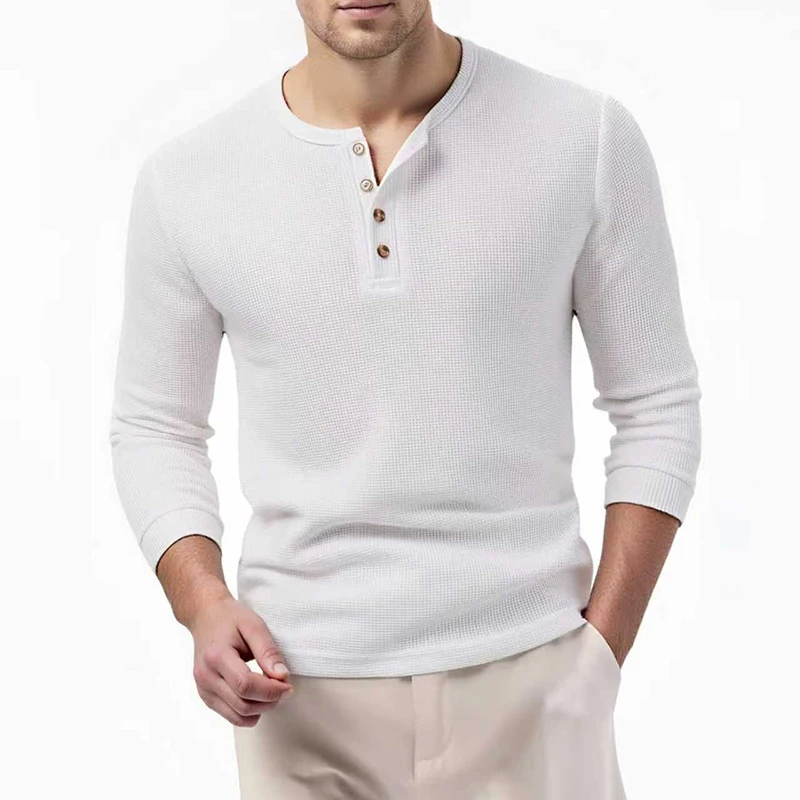 

New Spring Waffle Henley T-Shirt Men Long Sleeve Basic Breathable Henry Top Tees Male Casual Solid Color Button T Shirts Hip Hop