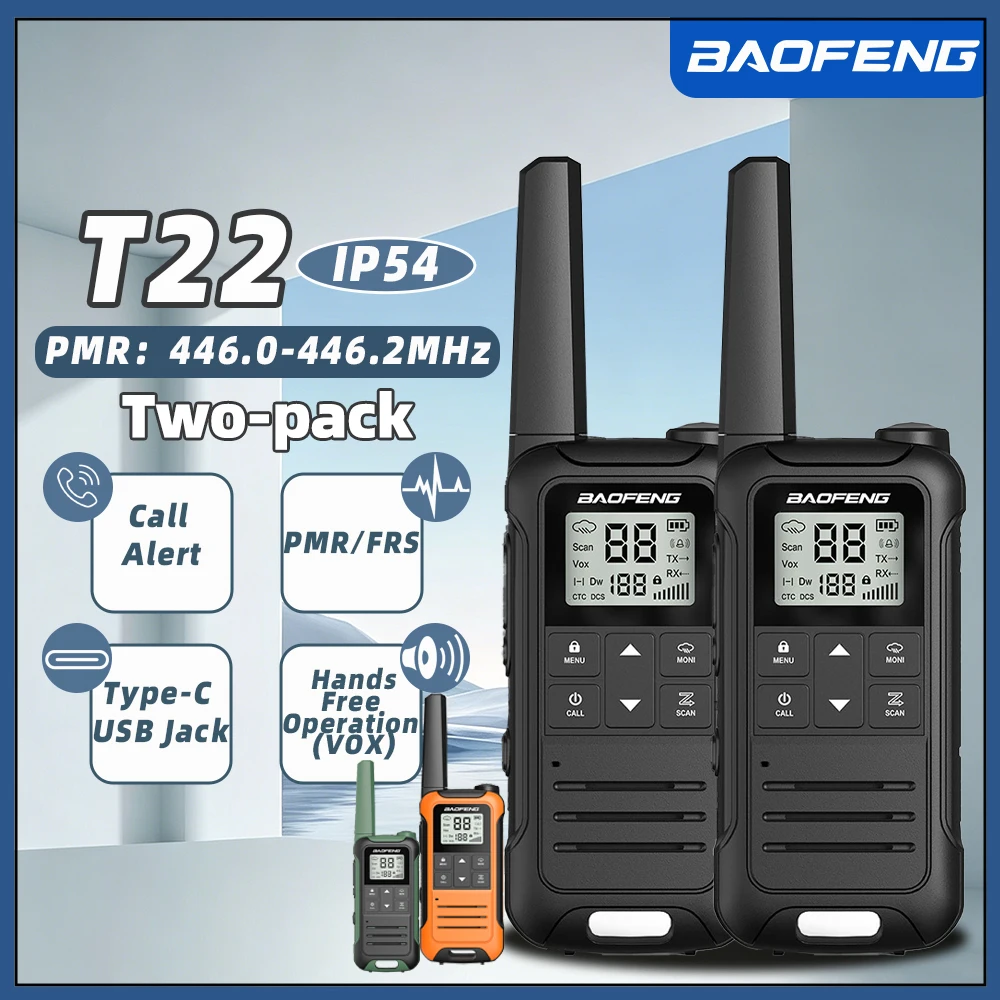 baofeng-bf-t22-handheld-two-way-radio-05w-license-free-pmr446-16ch-ctcss-dcs-vox-emergency-alarm-type-c-charging-lcd-display