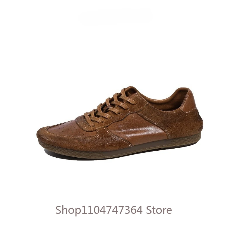 Retro Style Brown Training Shoes Men's Oxfords Genuine Leather Lace Up Casual Handmade Leather Shoes Male Sport Flats Youth
