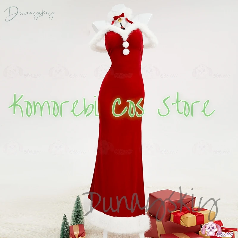 Women Red Christmas Cosplay Costume Women Lingerie Dress Plush High Split Backless Long Dress with Hat Gloves Customized