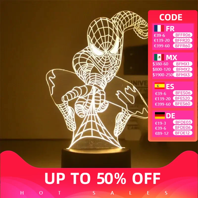

Spiderman Anime Figure Lights 3D LED Lamp Ironman Disney Action Figures Children Bedroom Lamp LED Toys Model Decor Gift for Kids