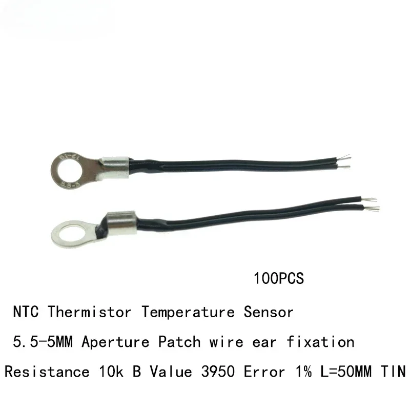 100-pz-sensore-di-temperatura-patch-filo-di-fissaggio-dell'orecchio-apertura-5-millimetri-resistenza-10-k-valore-b-3950-l50-mm-tin-ntc-termistore