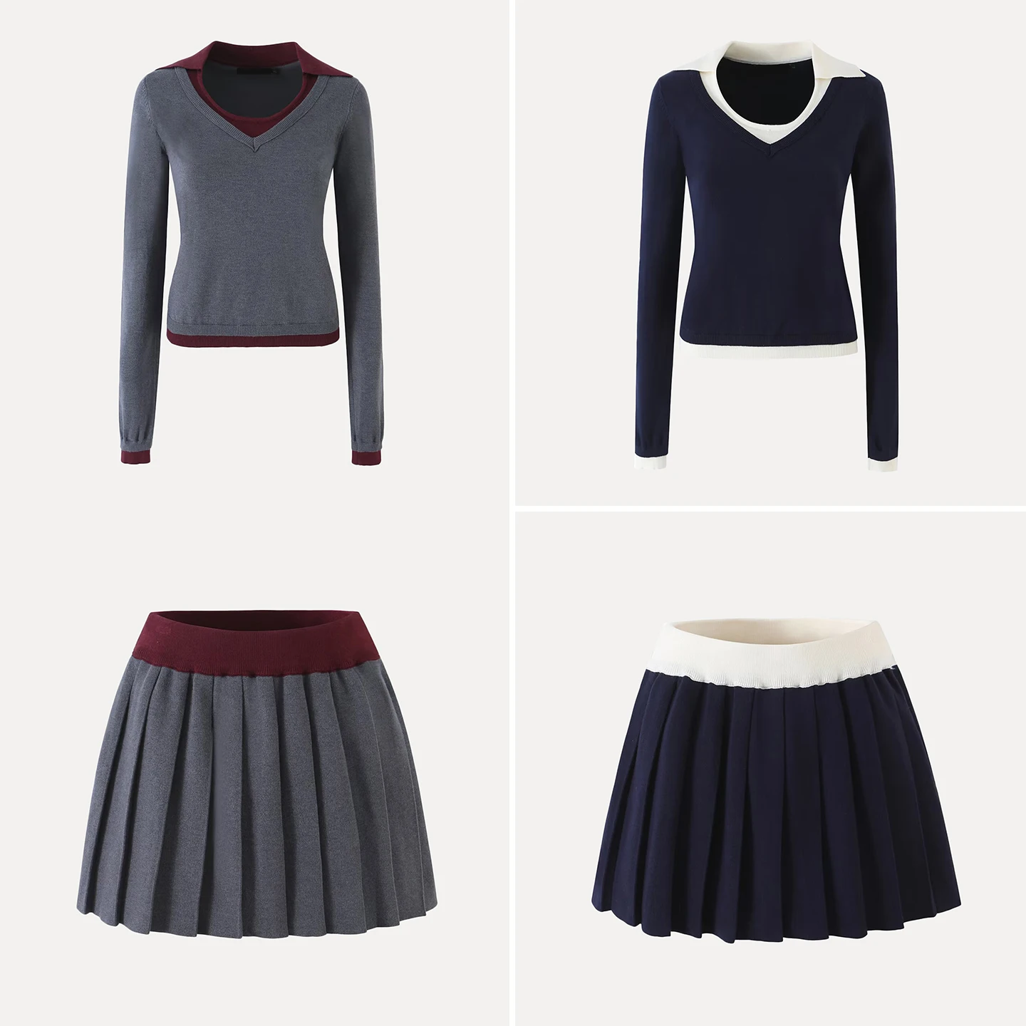 Women's Autumn 2026 New Style Color Block Long Sleeve Small Collar Knitted Sweater Slim Pleated Half Skirt Set Fashionable Tw...