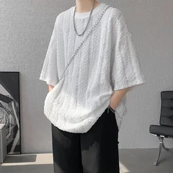 Vertical Stripe Pleated T Shirt For Men Summer Short Sleeve Plain T-Shirt Fashion TShirts Round Collar Sports Top Tees White