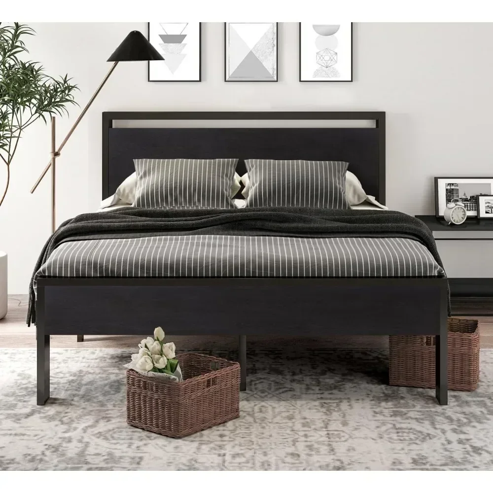 bed.14 Inch Full Size Metal Platform Bed Frame with Wooden Headboard and Footboard, Mattress Foundation, No Box Spring Needed