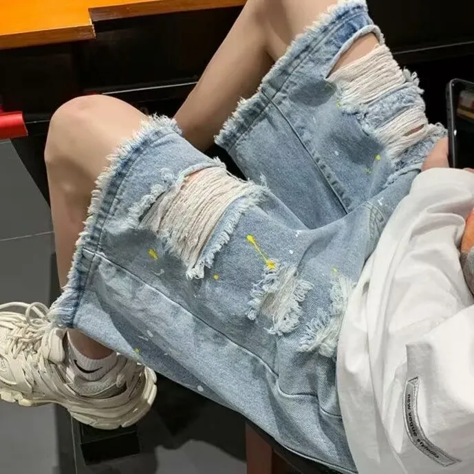 2024 Hiphop Gescheurde Denim Shorts Y 2K Streetwear Heren Vintage Vernield Gat Baggy Jeans Broek Mode Zomer Losse Shorts Zwart