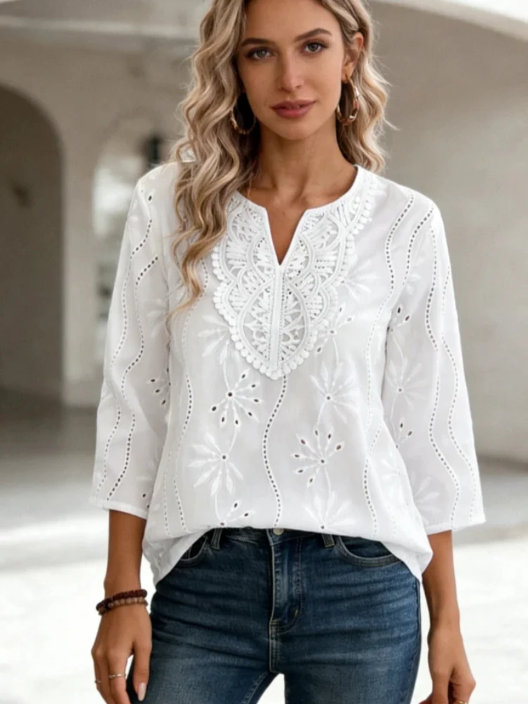 

Fashion Women V-neck Hollow Out White Blouse Autumn Three-quarters Sleeve Loose Casual Shirt Embroidery Elegant Tops