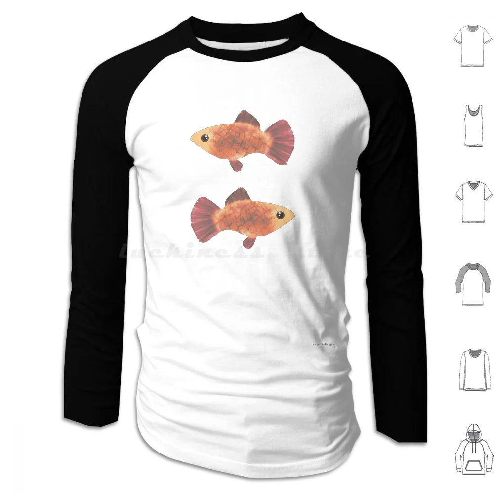 Dos platos de peces, sudaderas con capucha de acuarela roja, pescado de manga larga, pez dorado, Platy Koi Platys Guppy, acuario realista doméstico