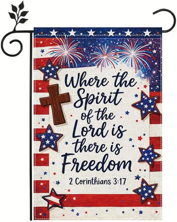Christian Patriotic Garden Flag 12x18 Inch, Bible Verse 2 Corinthians 3:17 Religious American Flag Garden Flag, Cross Patrio jjp