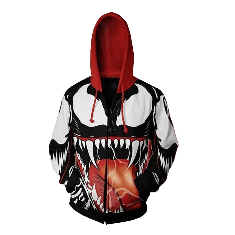 Movie Venom Spiderman Cosplay Hoodie 3D Hooded Polyester Spring Autumn Halloween Unisex Venom Jacket  Thin Party Costume