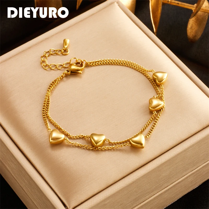 DIEYURO 316L Stainless Steel Gold Color Heart Love Charm Bracelet For Women Girl New Trend Double Layer Bangles Jewelry Gift