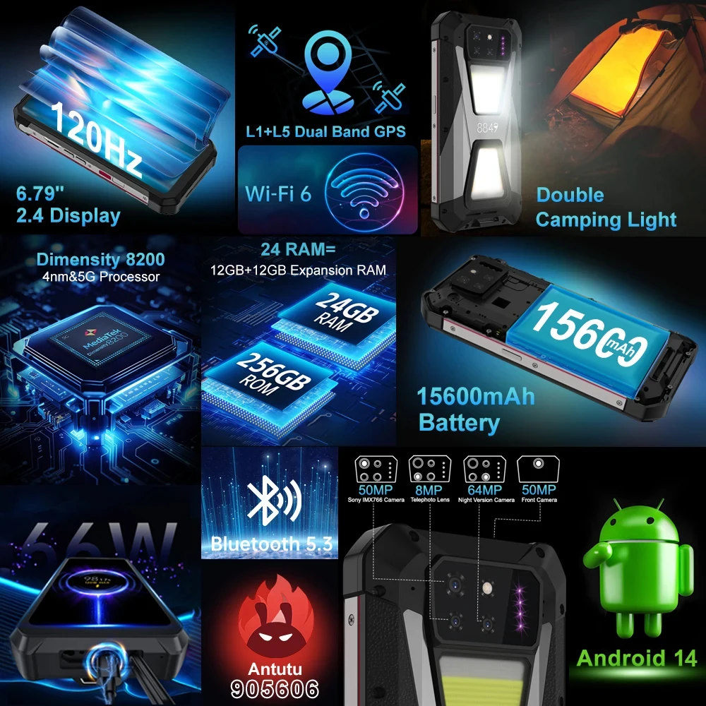 Прочный смартфон Unihertz 8849 SHARK 5G, Android 14, 24 ГБ ОЗУ (12 ГБ + 12 ГБ) + 256 ГБ ПЗУ, мобильный телефон, 15600 мАч, 120 Гц, 66 Вт, мобильный телефон NFC