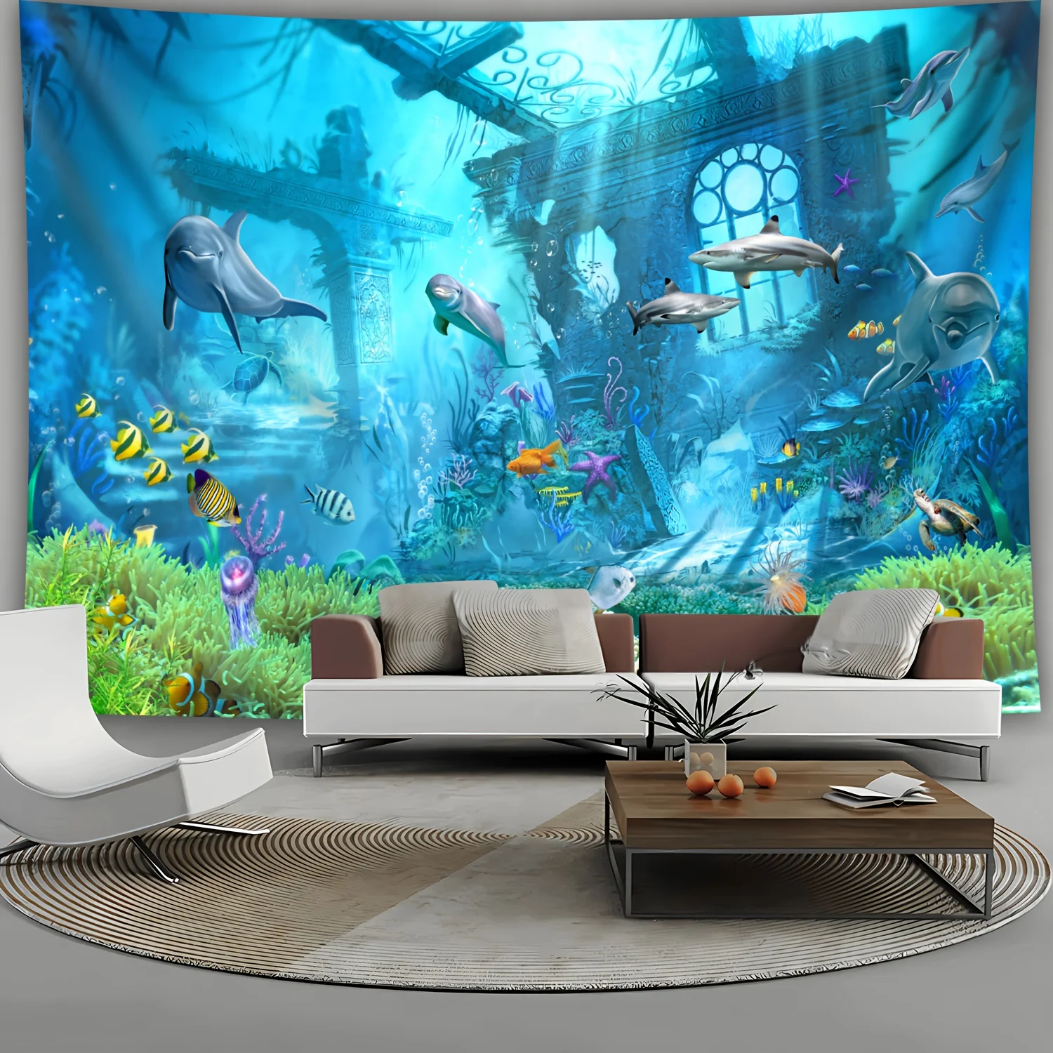 Underwater World Tapestry, Dolphins and Sharks in Sunken Ruins, Ocean Life Wall Hanging for Living Room Bedroom Decor