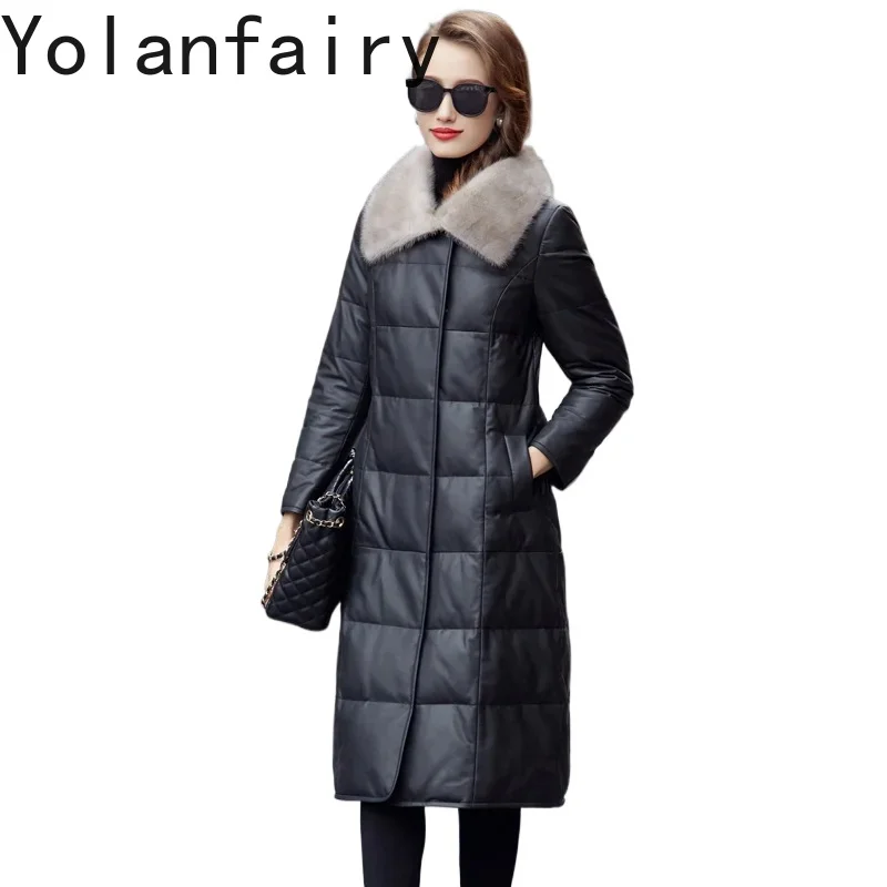 YOLANFAIRY Piumino in vera pelle Giacca da donna in pelle di pecora per donna Cappotti invernali Lungo pelliccia di visone Collo quadrato Abbigliamento caldo