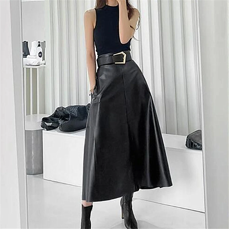 Seoulish 2024 Vintage PU cuero faldas largas de las mujeres otoño elegante Oficina señora A-Line cintura alta faldas casuales sólidas Mujer