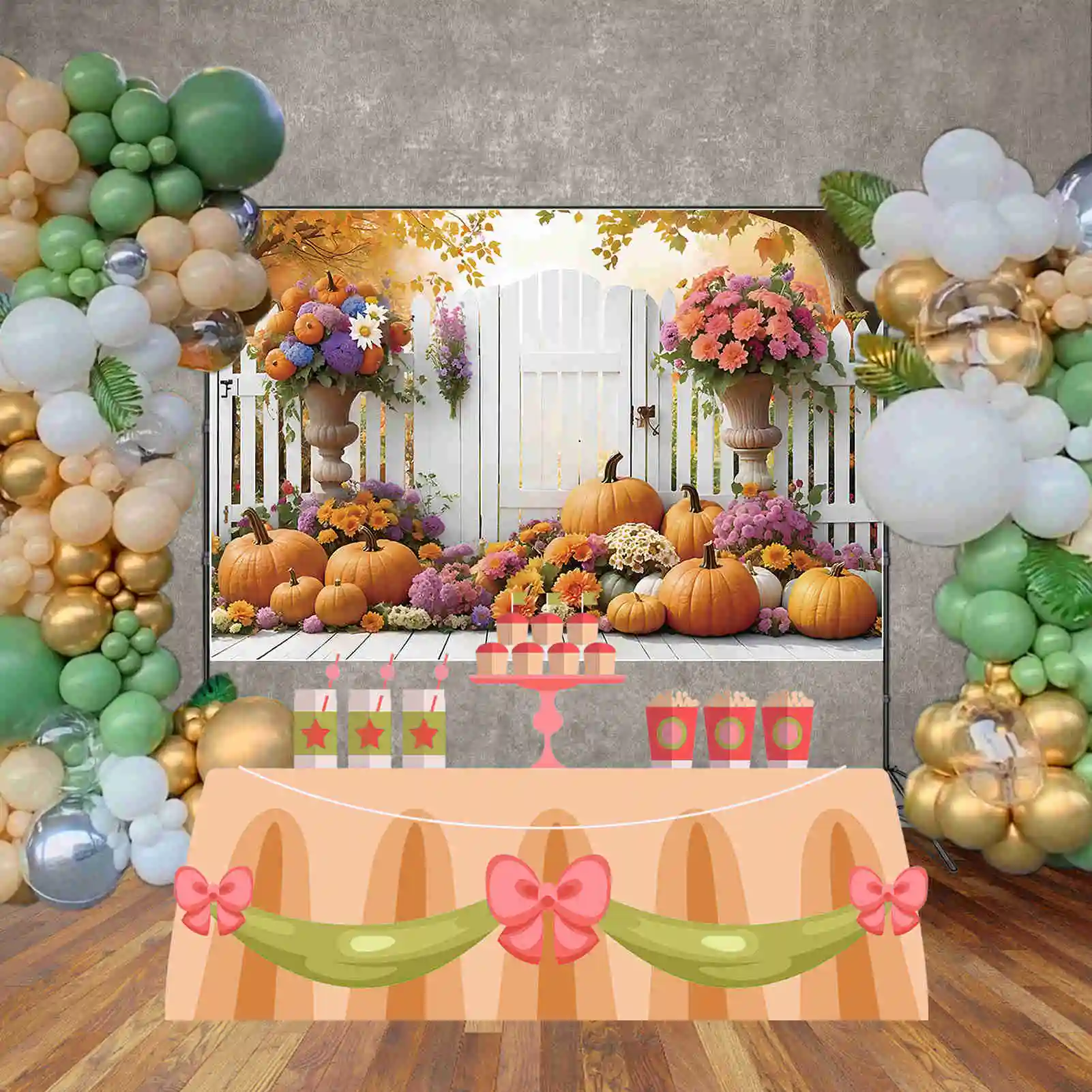 MOON.QG Autumn Photo Studio Background Thanksgiving Garden Fence Flower Backdrop Home Party Decoration Back Drop for Photography