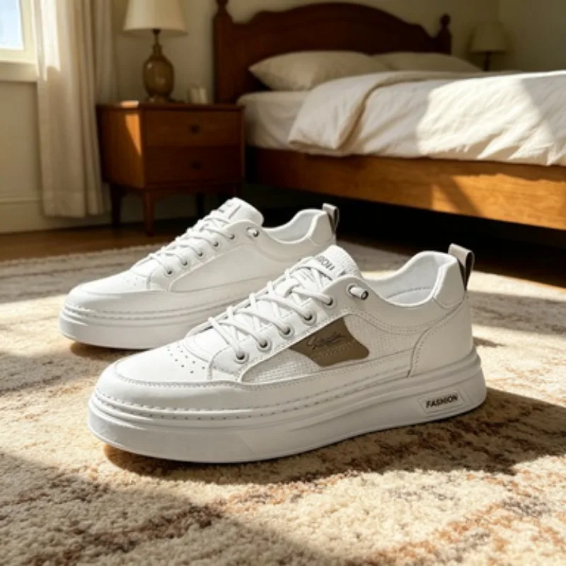 

White Leather Flat Bottom Men's Shoes Summer New Style Breathable Anti-Odor Casual Sports Trendy Shoes Comfortable Home Shoes