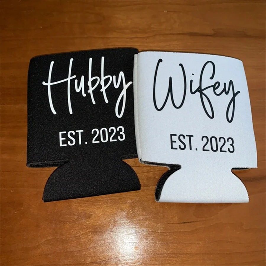 Wifey and Hubby Couple Can Cooler Gift \\ Newly Married or Engaged Wedding Gift \\ Matching His and Hers Can Coolers