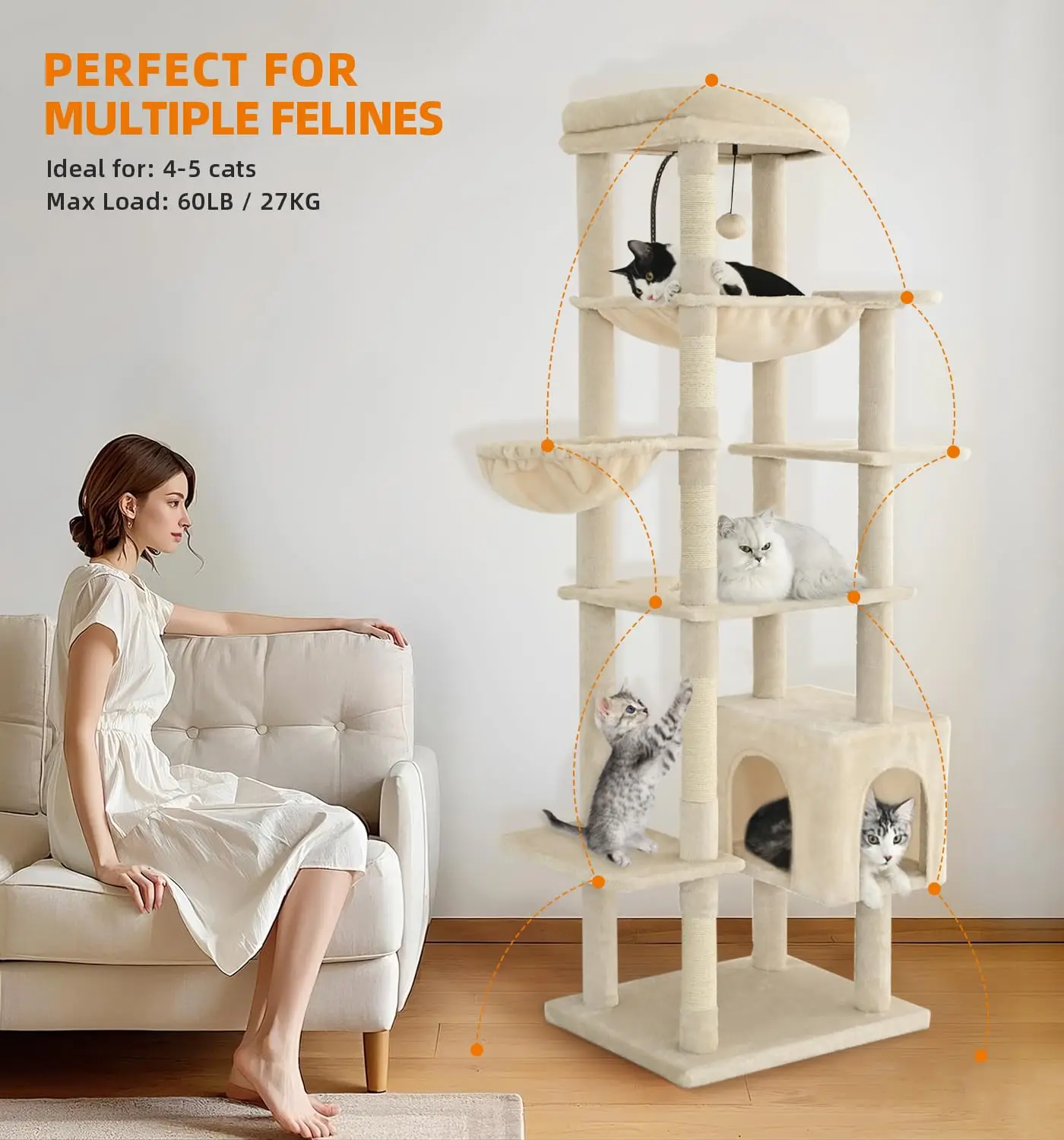 Made4Pets Tall Cat Tree, 71 Inches Cat Tree Tower for Indoor Cats Large Adult, Plush Multi-Level Cat Tower with 5
