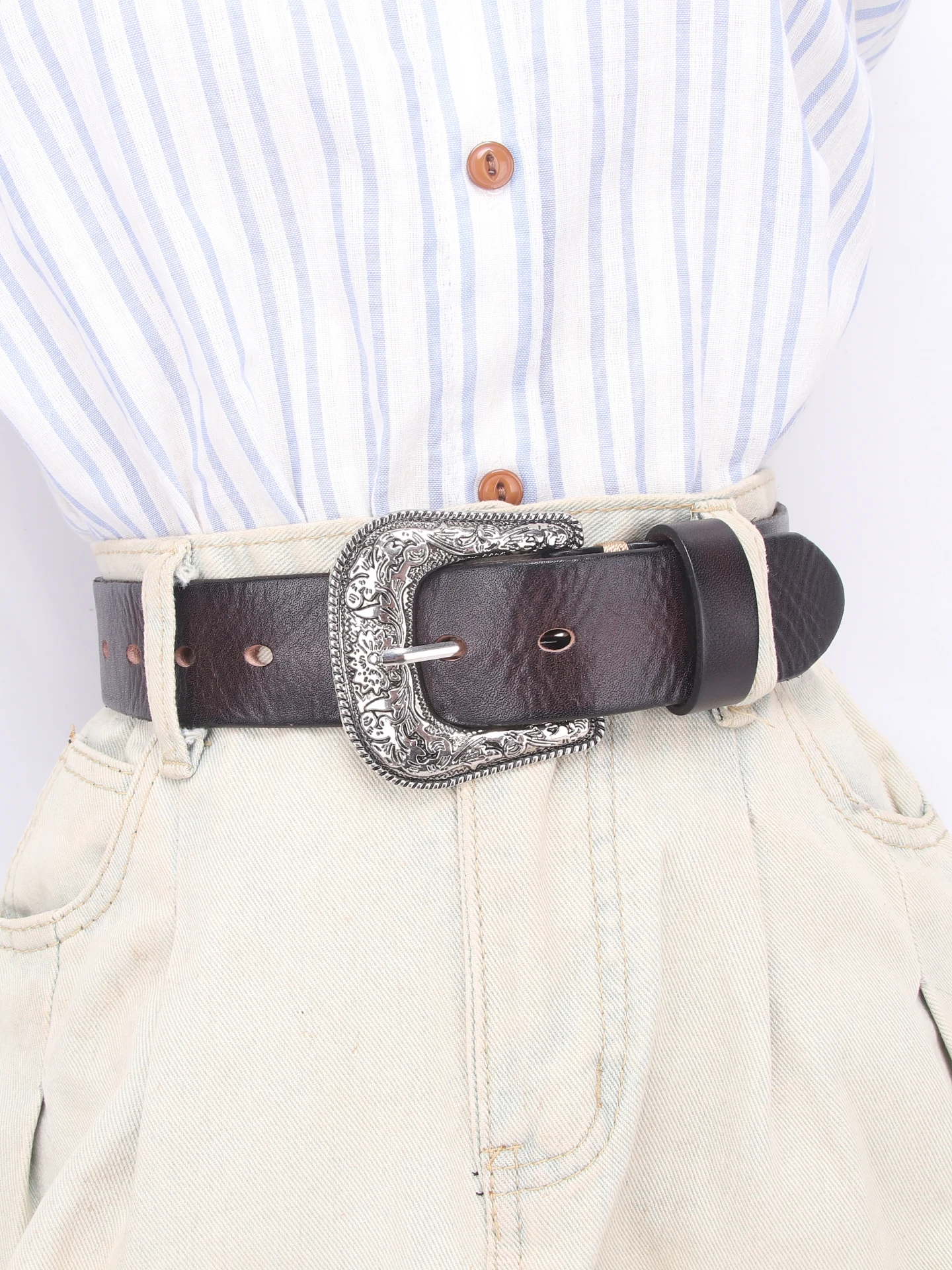 ヴィンテージ純牛革ベルト-花柄彫刻バックル-カジュアルスタイル-男女兼用-ジーンズやカジュアルウェアに最適